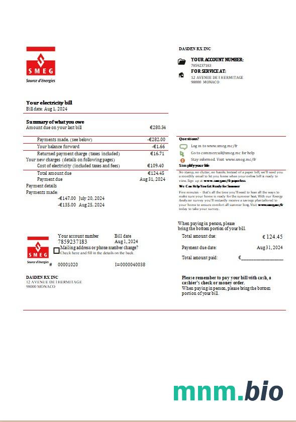 Monaco SMEG electricity rachunek za usługi komunalne szablon w formacie Word i PDF